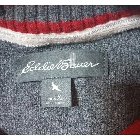 Eddie Bauer Wool Blend 1/4 Zip Sweater Mock Neck Sz XL Set Red Gray Stripe - Picture 5 of 8